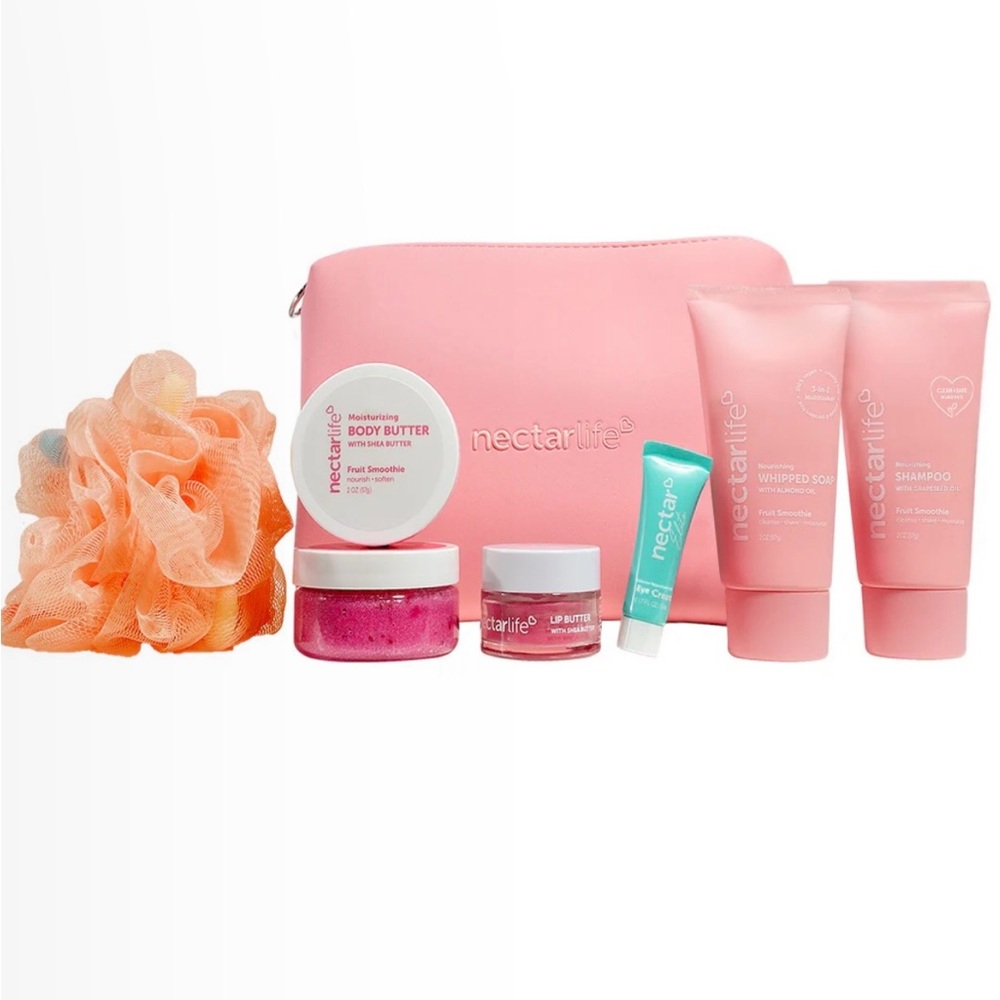 Nectarlife Glow On The Go Kit Scrub Lotion Eye Cream Cosmetic Bag Fruit Smoothie